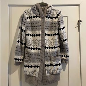 Fleece lined, long sleeve, button down hooded coat